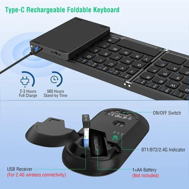 Alt view image 3 of 7 - Foldable Keyboard and Mouse, EDJO Folding Wireless Keyboard Mouse Combo with Portable Case, Rechargeable 2.4G+Bluetooth Multi-Device Keyboard Mouse for Windows, iOS, Android, MacOS PC/Laptop/Tablet