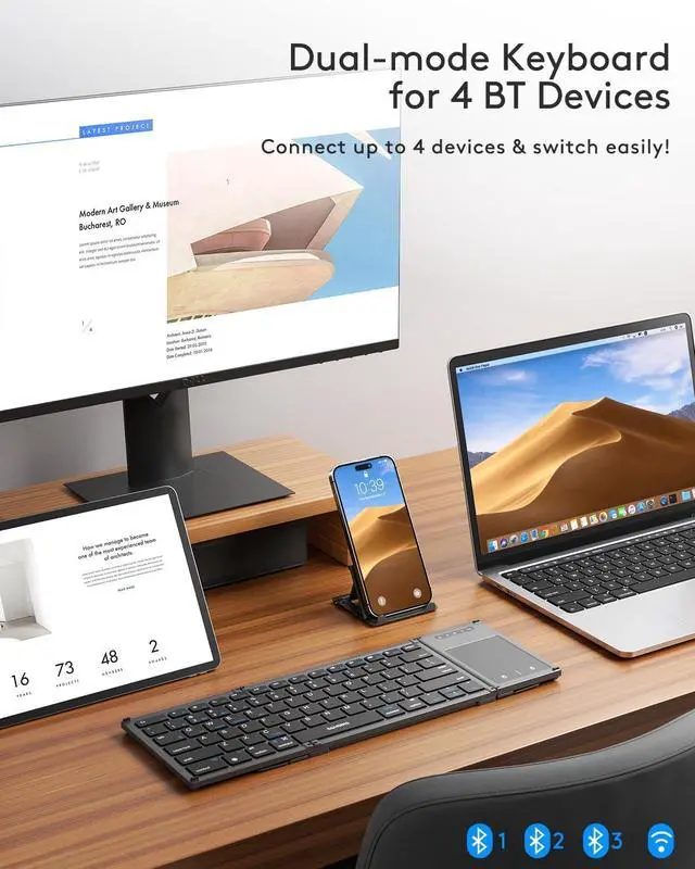 Alt view image 2 of 7 - Foldable Bluetooth Keyboard with Touchpad, Full-Size Dual-Mode Wireless Folding, Rechargeable Portable Travel for iOS Android Windows Mac OS, Support 4 Device(BT5.1x3 + 2.4G)