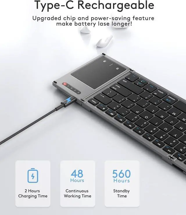 Alt view image 7 of 7 - Foldable Bluetooth Keyboard with Touchpad, Full-Size Dual-Mode Wireless Folding, Rechargeable Portable Travel for iOS Android Windows Mac OS, Support 4 Device(BT5.1x3 + 2.4G)