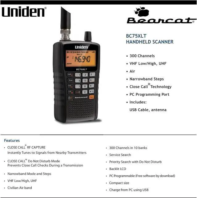 Alt view image 7 of 7 - Bearcat BC75XLT Handheld Scanner, 300 Channels, 10 banks, Close Call Technology, PC Programable, NOAA Weather, Aviation, Marine, Railroad, NASCAR, and Non-Digital Police/Fire/Public Safety