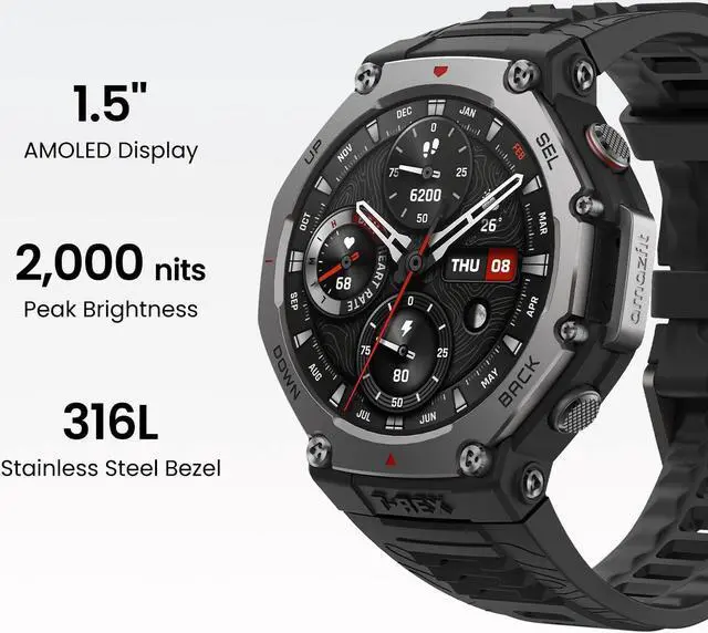 Alt view image 6 of 7 - T-Rex 3 Rugged/Military Smart Watch 48mm, GPS (with Privacy), Offline Maps, Long Battery Life,328 Feet Water-Resistant, 170 Fitness/Sport Modes, AI, Voice Control, for Android or iPhone, Black