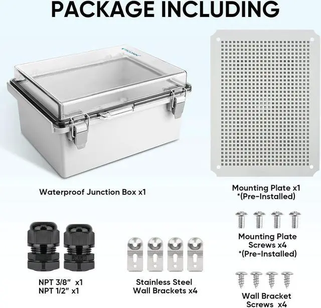 Alt view image 6 of 7 - Waterproof Electrical Junction Box IP67 ABS Plastic Enclosure with Hinged Cover with Mounting Plate, Wall Brackets, Cable Glands (Clear, 15.7"x11.8"x7.1")