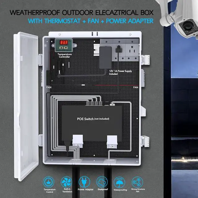 Alt view image 2 of 7 - Outdoor Electrical Box, Waterproof Electrical Junction Box IP65 ABS Plastic Enclosure with Fan & Thermostat, Mounting Plate and Hinged Lid (18.1" Hx 12.5" L x 6.3" W)