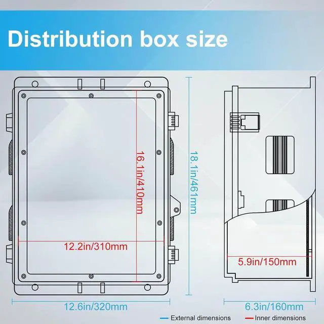 Alt view image 3 of 7 - Outdoor Waterproof Electrical Junction Box, ABS Water Resistant Enclosure with Internal Mounting Panel & Hinged Cover (18.1" H* 12.6" L* 6.3" W)