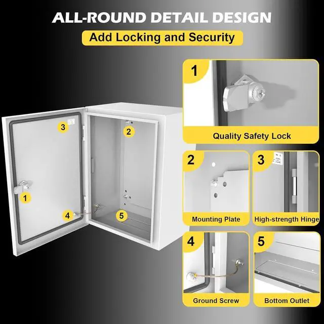 Alt view image 5 of 7 - Electrical Junction Box, 16"x12"x8" NEMA Steel Enclosure IP66 Waterproof & Dustproof Outdoor/Indoor Electrical Project Box with Mounting Plate
