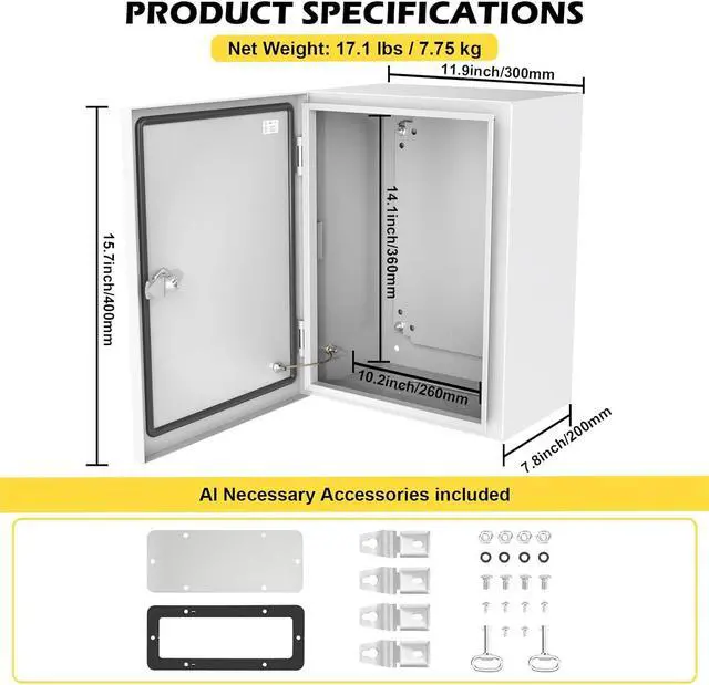 Alt view image 7 of 7 - Electrical Junction Box, 16"x12"x8" NEMA Steel Enclosure IP66 Waterproof & Dustproof Outdoor/Indoor Electrical Project Box with Mounting Plate