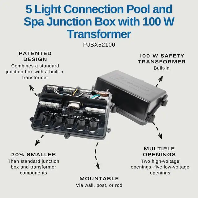 Alt view image 2 of 3 - PJBX52100 Pool and Spa Junction Box - 5 Light Connections - Patented Design for Efficiency, Versatile Connections, Built-in Noise Reduction and Compact Design