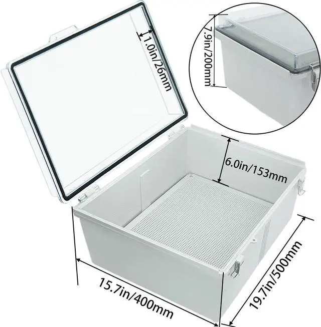 Alt view image 3 of 7 - Hinged Clear Cover Stainless Steel Latch IP67 Waterproof ABS Project Box with 2 Cable Glands,Electrical Box Enclosure with Mounting Plate & Wall Bracket 19.7 x 15.7 x 7.9inch