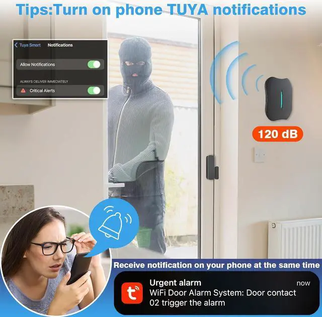 Alt view image 4 of 7 - Wireless Home Security System, WiFi Smart DIY Home Alarm System for Apartment/Villa/Store, 8 Pieces-Kit, Alarm Siren, Door Window Sensor, Caregiver Pager, Work with Google Assistant and Alexa
