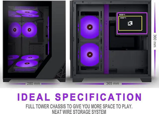 Alt view image 2 of 7 - Micro ATX Tower PC Case 7 ARGB Fans Gaming PC Mini Case with 2*Tempered Glass (Black)