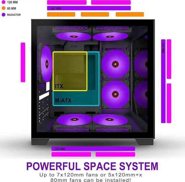 Alt view image 4 of 7 - Micro ATX Tower PC Case 7 ARGB Fans Gaming PC Mini Case with 2*Tempered Glass (Black)
