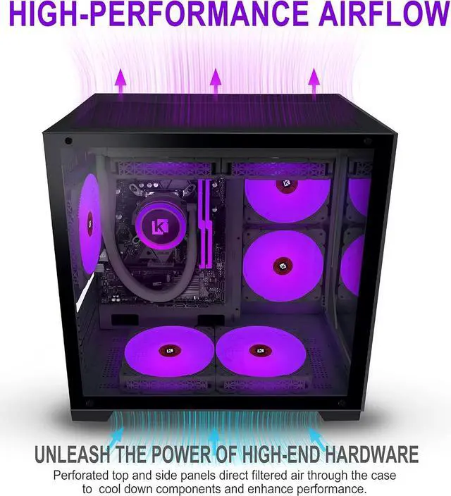 Alt view image 5 of 7 - Micro ATX Tower PC Case 7 ARGB Fans Gaming PC Mini Case with 2*Tempered Glass (Black)
