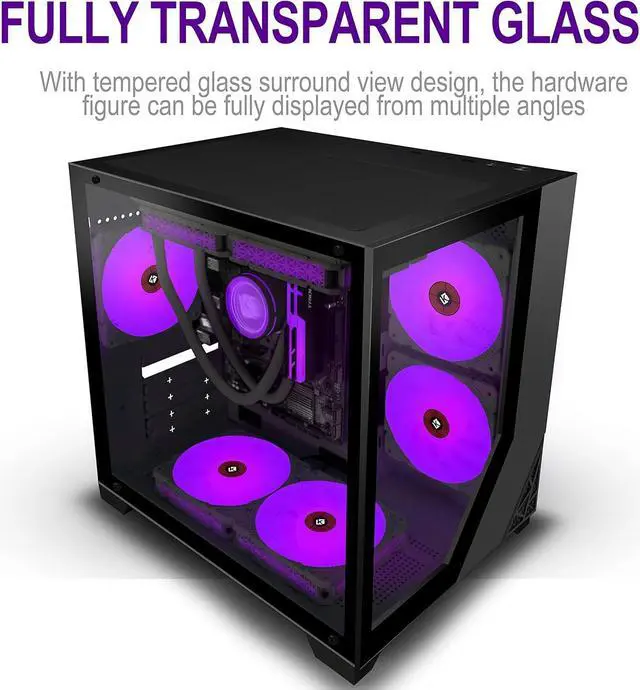 Alt view image 6 of 7 - Micro ATX Tower PC Case 7 ARGB Fans Gaming PC Mini Case with 2*Tempered Glass (Black)