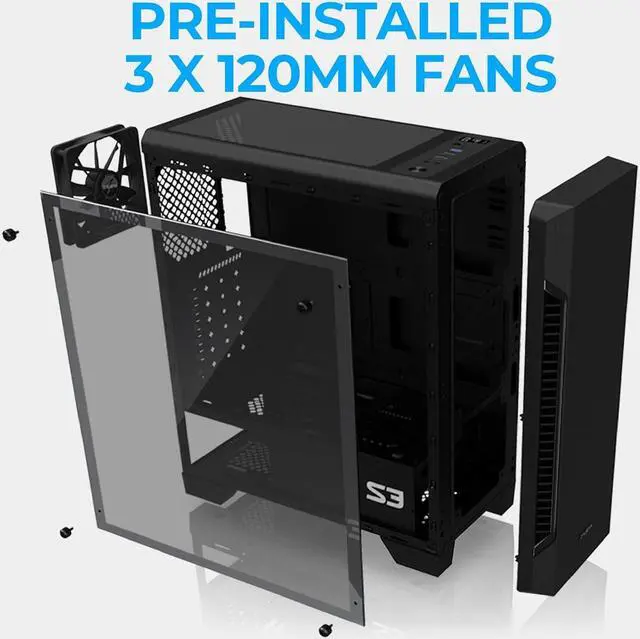 Alt view image 3 of 7 - S3 - ATX Mid-Tower PC Case - Full Acrylic Side Panel - 3x Case Fan 120mm Pre-Installed, Black