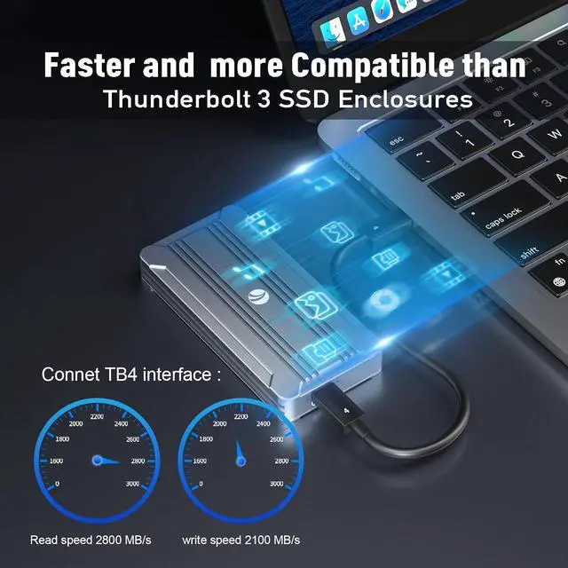 Alt view image 3 of 7 - 40Gbps NVMe Enclosure,V VCOM M.2 NVMe SSD Enclosure, Aluminum Alloy External NVMe Enclosure Support Size 2280 M&B+M-Key,Compatible with Thunderbolt 3/4,USB4/3.2/3.1/3.0/2.0