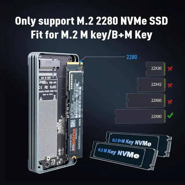 Alt view image 4 of 7 - 40Gbps NVMe Enclosure,V VCOM M.2 NVMe SSD Enclosure, Aluminum Alloy External NVMe Enclosure Support Size 2280 M&B+M-Key,Compatible with Thunderbolt 3/4,USB4/3.2/3.1/3.0/2.0