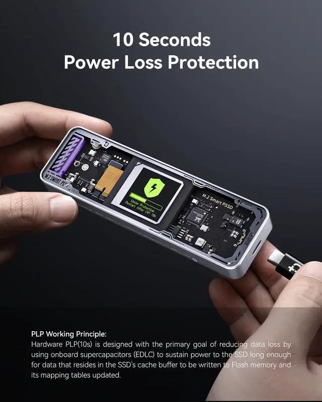 Alt view image 3 of 7 - Explorer Edition M.2 NVMe SSD Enclosure,Support 10s PLP Prevents Write Data Loss,USB 3.2 Gen 2 Type-C (10 Gbps), fits NVMe PCIe,Size 2230/2242/2260/2280,Support M-Key B+M Key UASP