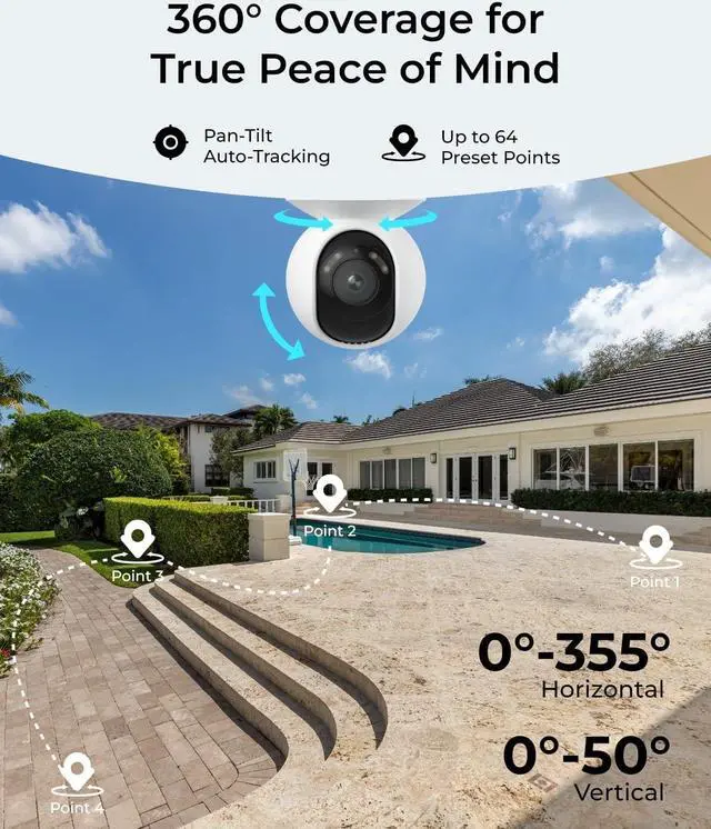 Alt view image 3 of 7 - REOLINK 4K PoE Security Outdoor IP Camera with 355° Pan & 50° Tilt, Color Night Vision for Home Surveillance, Auto Tracking, Smart Detection, Two-Way Talk, 24/7 Recording, E1 Outdoor SE PoE