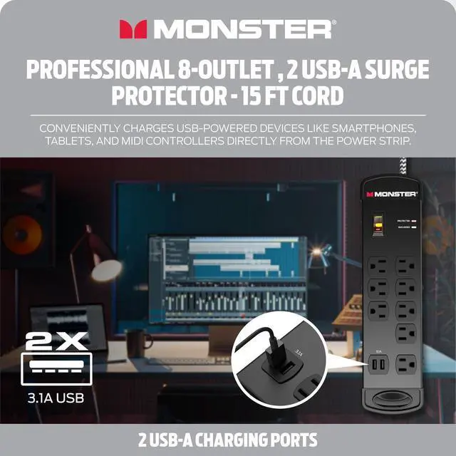 Alt view image 2 of 7 - MI Professional Surge Protector Power Strip with Fireproof MOV Technology for Computers, Amplifiers, Pedal Boards, and Pro Audio Gear - 1960 Joule, 15 ft Cord, 8 Outlet, 2 USB