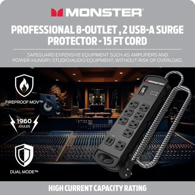 Alt view image 3 of 7 - MI Professional Surge Protector Power Strip with Fireproof MOV Technology for Computers, Amplifiers, Pedal Boards, and Pro Audio Gear - 1960 Joule, 15 ft Cord, 8 Outlet, 2 USB