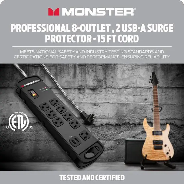 Alt view image 6 of 7 - MI Professional Surge Protector Power Strip with Fireproof MOV Technology for Computers, Amplifiers, Pedal Boards, and Pro Audio Gear - 1960 Joule, 15 ft Cord, 8 Outlet, 2 USB
