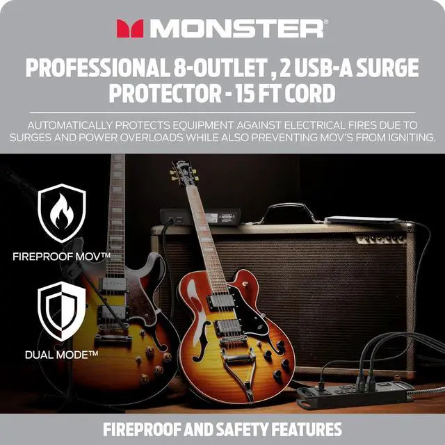 Alt view image 7 of 7 - MI Professional Surge Protector Power Strip with Fireproof MOV Technology for Computers, Amplifiers, Pedal Boards, and Pro Audio Gear - 1960 Joule, 15 ft Cord, 8 Outlet, 2 USB