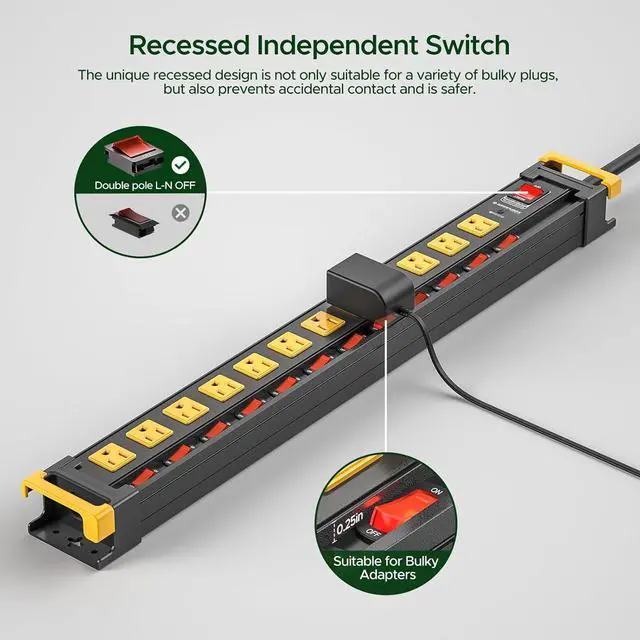 Alt view image 2 of 7 - 12 Outlet Long Heavy Duty Power Strip with Individual Switches,3300J Surge Protector Metal Power Strip,Wide Spaced,6Ft Cord Managment,ETL Listed(15A/1875W)