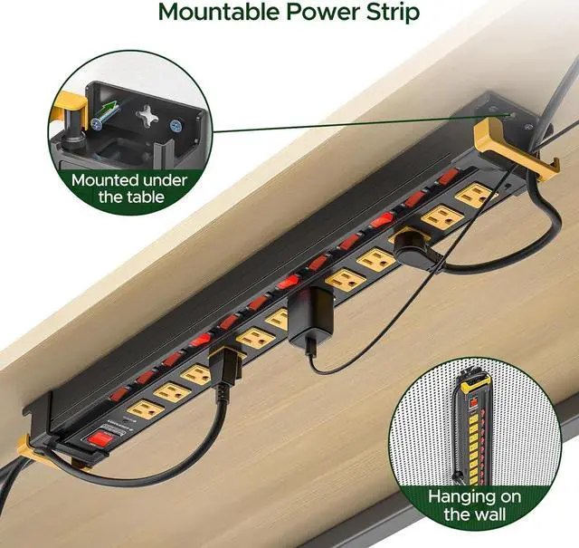 Alt view image 3 of 7 - 12 Outlet Long Heavy Duty Power Strip with Individual Switches,3300J Surge Protector Metal Power Strip,Wide Spaced,6Ft Cord Managment,ETL Listed(15A/1875W)