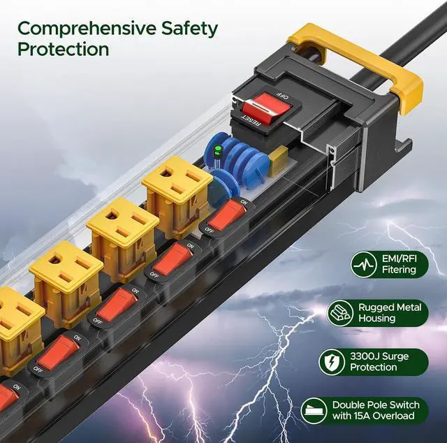 Alt view image 4 of 7 - 12 Outlet Long Heavy Duty Power Strip with Individual Switches,3300J Surge Protector Metal Power Strip,Wide Spaced,6Ft Cord Managment,ETL Listed(15A/1875W)