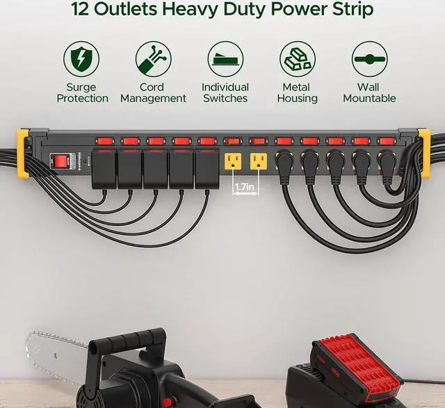 Alt view image 5 of 7 - 12 Outlet Long Heavy Duty Power Strip with Individual Switches,3300J Surge Protector Metal Power Strip,Wide Spaced,6Ft Cord Managment,ETL Listed(15A/1875W)