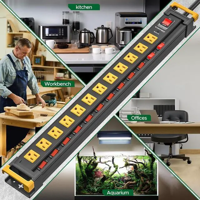 Alt view image 7 of 7 - 12 Outlet Long Heavy Duty Power Strip with Individual Switches,3300J Surge Protector Metal Power Strip,Wide Spaced,6Ft Cord Managment,ETL Listed(15A/1875W)