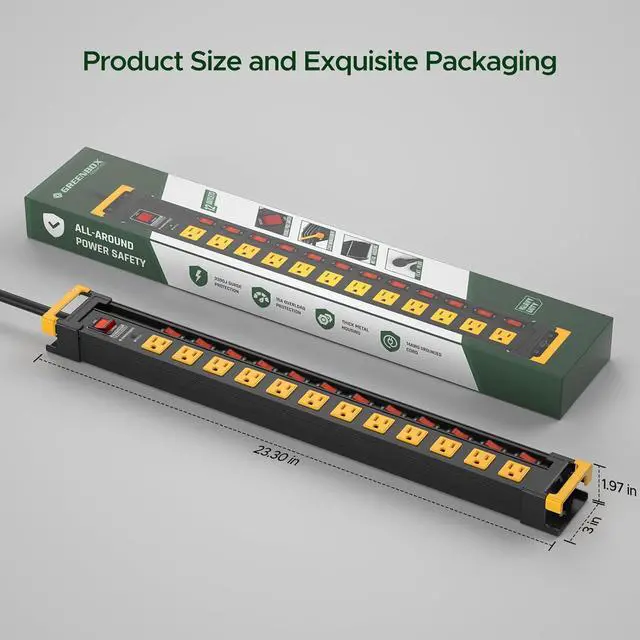 Alt view image 6 of 7 - 12 Outlet Long Heavy Duty Power Strip with Individual Switches,3300J Surge Protector Metal Power Strip,Wide Spaced,6Ft Cord Managment,ETL Listed(15A/1875W)
