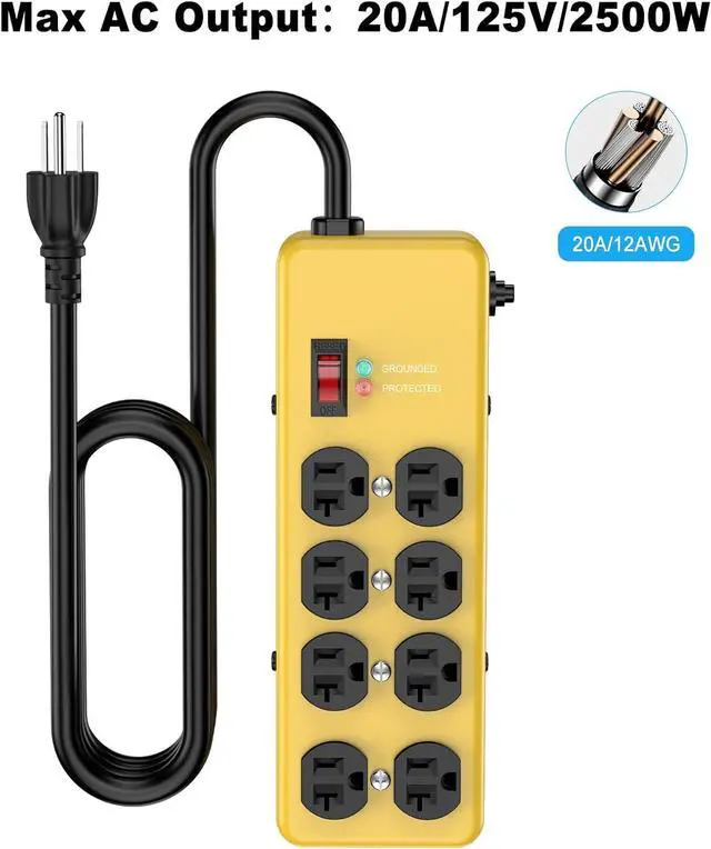 Alt view image 2 of 7 - 20A Power Strip Surge Protector: Durable Metal 8-Outlet with Heavy Duty 20 Amp Extension Cord, 12 Gauge for Garage, Workshop & Industrial Use with 6-20R T-Slot Outlets, 4800J (Yellow, 6FT)