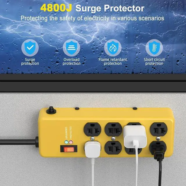 Alt view image 3 of 7 - 20A Power Strip Surge Protector: Durable Metal 8-Outlet with Heavy Duty 20 Amp Extension Cord, 12 Gauge for Garage, Workshop & Industrial Use with 6-20R T-Slot Outlets, 4800J (Yellow, 6FT)