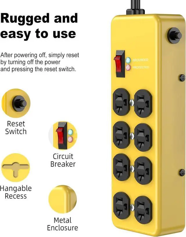 Alt view image 4 of 7 - 20A Power Strip Surge Protector: Durable Metal 8-Outlet with Heavy Duty 20 Amp Extension Cord, 12 Gauge for Garage, Workshop & Industrial Use with 6-20R T-Slot Outlets, 4800J (Yellow, 6FT)