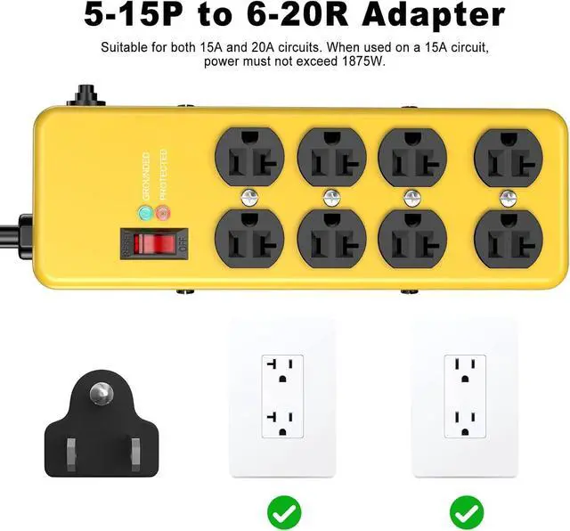 Alt view image 5 of 7 - 20A Power Strip Surge Protector: Durable Metal 8-Outlet with Heavy Duty 20 Amp Extension Cord, 12 Gauge for Garage, Workshop & Industrial Use with 6-20R T-Slot Outlets, 4800J (Yellow, 6FT)