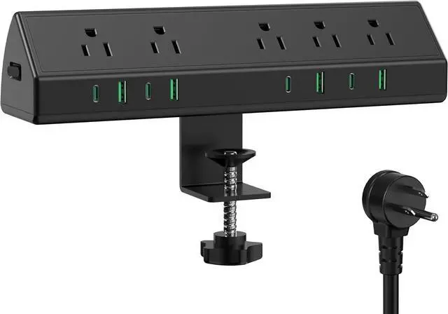 Main image of 45W Fast Charging Station,Desk Clamp Power Strip,4 PD USB-C Ports,5 AC Outlets,Surge Protector Power Strip, 14AWG Heavy Duty Cord, Fits 1.9" Tabletop Edge (Black, 6 FT Cable)