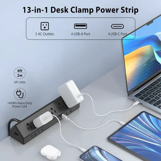 Alt view image 2 of 7 - 45W Fast Charging Station,Desk Clamp Power Strip,4 PD USB-C Ports,5 AC Outlets,Surge Protector Power Strip, 14AWG Heavy Duty Cord, Fits 1.9" Tabletop Edge (Black, 6 FT Cable)