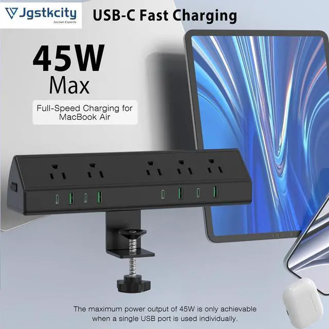 Alt view image 3 of 7 - 45W Fast Charging Station,Desk Clamp Power Strip,4 PD USB-C Ports,5 AC Outlets,Surge Protector Power Strip, 14AWG Heavy Duty Cord, Fits 1.9" Tabletop Edge (Black, 6 FT Cable)