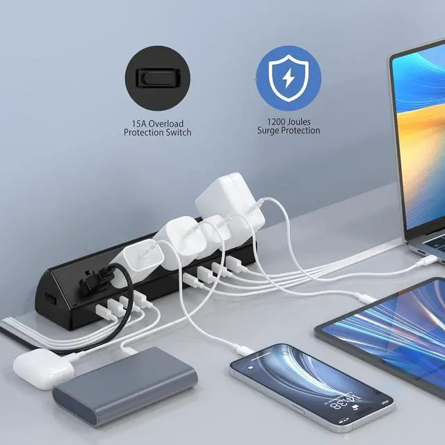 Alt view image 4 of 7 - 45W Fast Charging Station,Desk Clamp Power Strip,4 PD USB-C Ports,5 AC Outlets,Surge Protector Power Strip, 14AWG Heavy Duty Cord, Fits 1.9" Tabletop Edge (Black, 6 FT Cable)