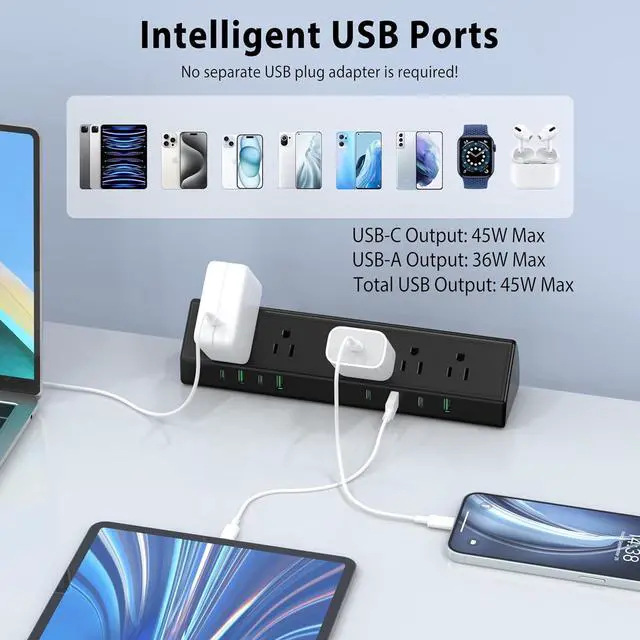 Alt view image 6 of 7 - 45W Fast Charging Station,Desk Clamp Power Strip,4 PD USB-C Ports,5 AC Outlets,Surge Protector Power Strip, 14AWG Heavy Duty Cord, Fits 1.9" Tabletop Edge (Black, 6 FT Cable)