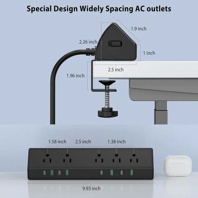 Alt view image 7 of 7 - 45W Fast Charging Station,Desk Clamp Power Strip,4 PD USB-C Ports,5 AC Outlets,Surge Protector Power Strip, 14AWG Heavy Duty Cord, Fits 1.9" Tabletop Edge (Black, 6 FT Cable)