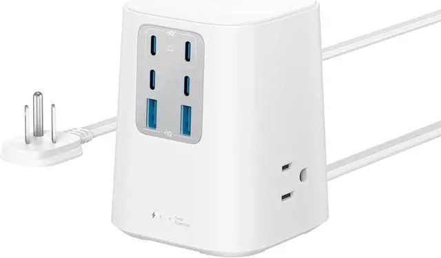 Main image of 9-in-1 USB C Power Strip with 300J Surge Protection, For iPhone 15 and MacBook, 5 ft Flat Cable and Plug, 4 USB-C and 2 USB-A Ports, 3 AC Outlets, For Home, Office[White]