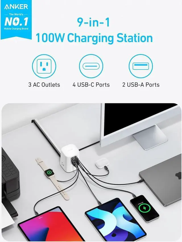 Alt view image 2 of 6 - 9-in-1 USB C Power Strip with 300J Surge Protection, For iPhone 15 and MacBook, 5 ft Flat Cable and Plug, 4 USB-C and 2 USB-A Ports, 3 AC Outlets, For Home, Office[White]