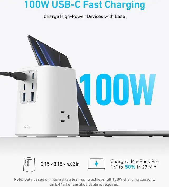 Alt view image 3 of 6 - 9-in-1 USB C Power Strip with 300J Surge Protection, For iPhone 15 and MacBook, 5 ft Flat Cable and Plug, 4 USB-C and 2 USB-A Ports, 3 AC Outlets, For Home, Office[White]