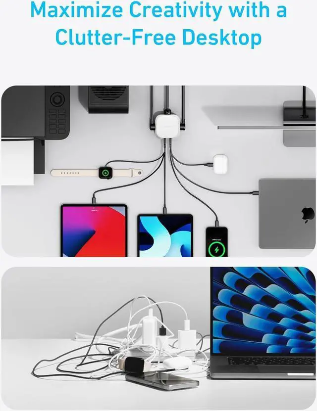 Alt view image 6 of 6 - 9-in-1 USB C Power Strip with 300J Surge Protection, For iPhone 15 and MacBook, 5 ft Flat Cable and Plug, 4 USB-C and 2 USB-A Ports, 3 AC Outlets, For Home, Office[White]