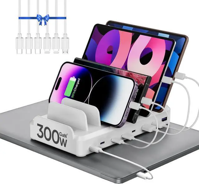 Main image of 300W Charging Station for Multiple Devices, 8 Port USB C Charging Station Fast Charge for MacBook iPhone 15 Phone iPad Tablets (6 Mixed Short Cables Included) White