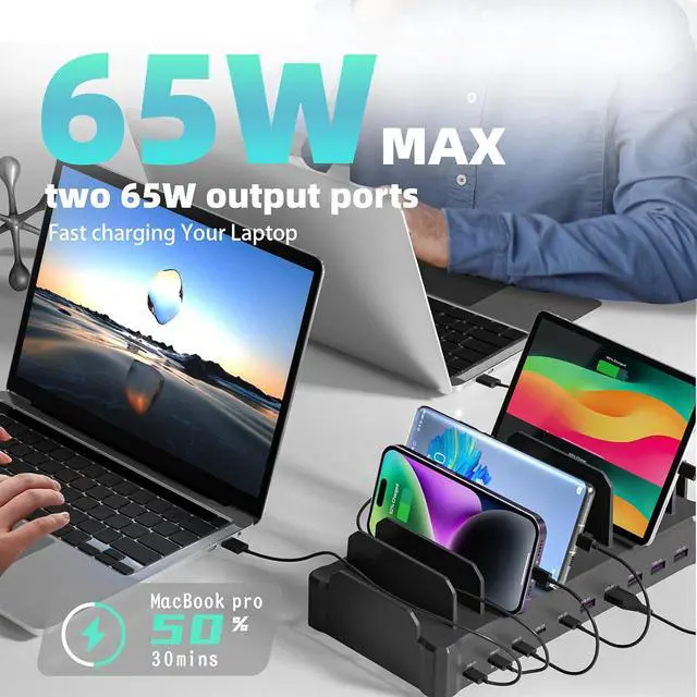 Alt view image 3 of 7 - 320W Charging Station for Multiple Devices, Zobirez 10-Port USB C Fast Charger Stations for MacBook, iPhone, Android Cell Phone, iPad, Tablet, Family Multi-Device Organizer Charging Dock, Black