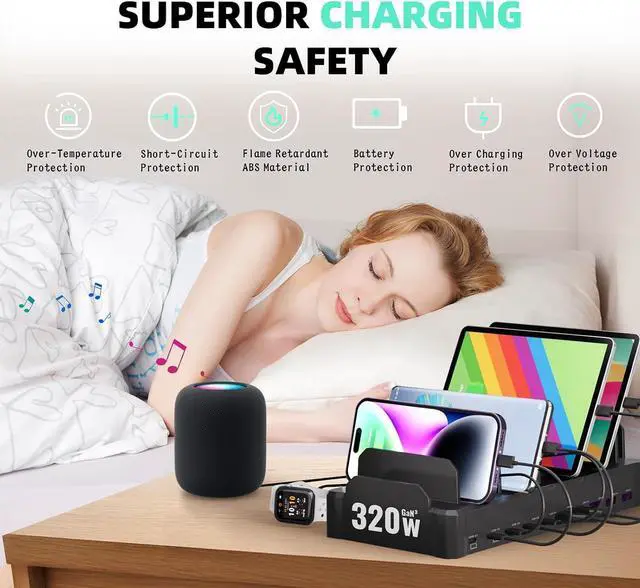 Alt view image 4 of 7 - 320W Charging Station for Multiple Devices, Zobirez 10-Port USB C Fast Charger Stations for MacBook, iPhone, Android Cell Phone, iPad, Tablet, Family Multi-Device Organizer Charging Dock, Black