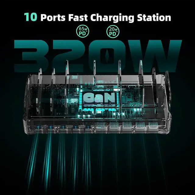 Alt view image 5 of 7 - 320W Charging Station for Multiple Devices, Zobirez 10-Port USB C Fast Charger Stations for MacBook, iPhone, Android Cell Phone, iPad, Tablet, Family Multi-Device Organizer Charging Dock, Black